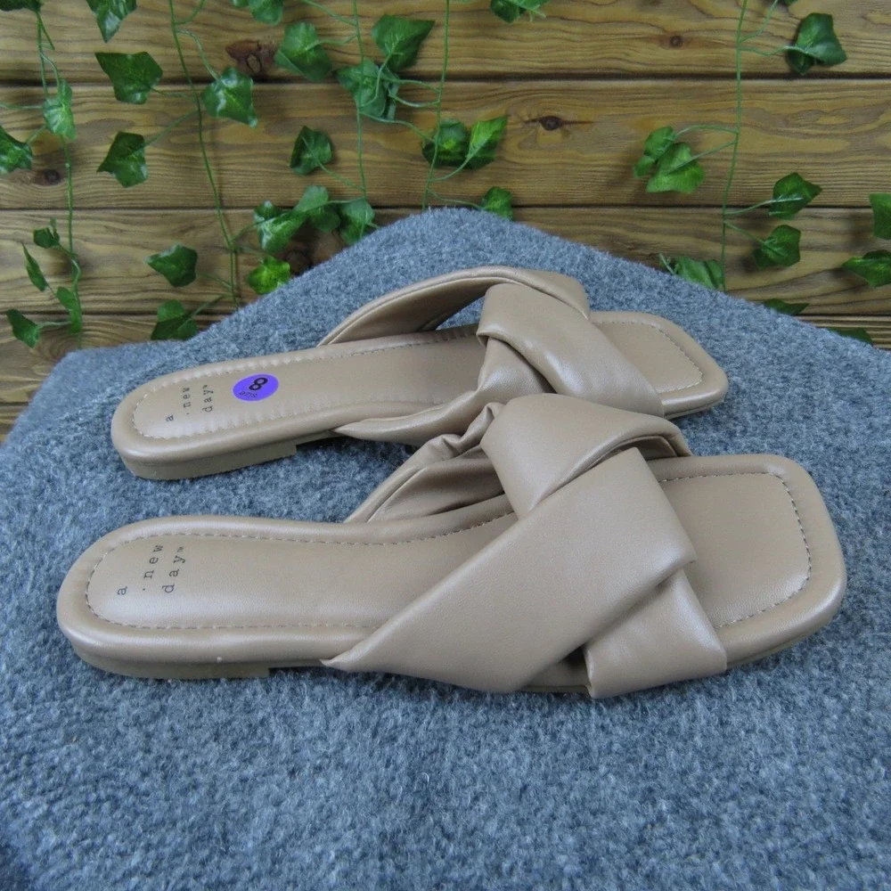 A New Day Women's Tan Twist‎ Strap Slide Sandals Size 8 Casual Stylish